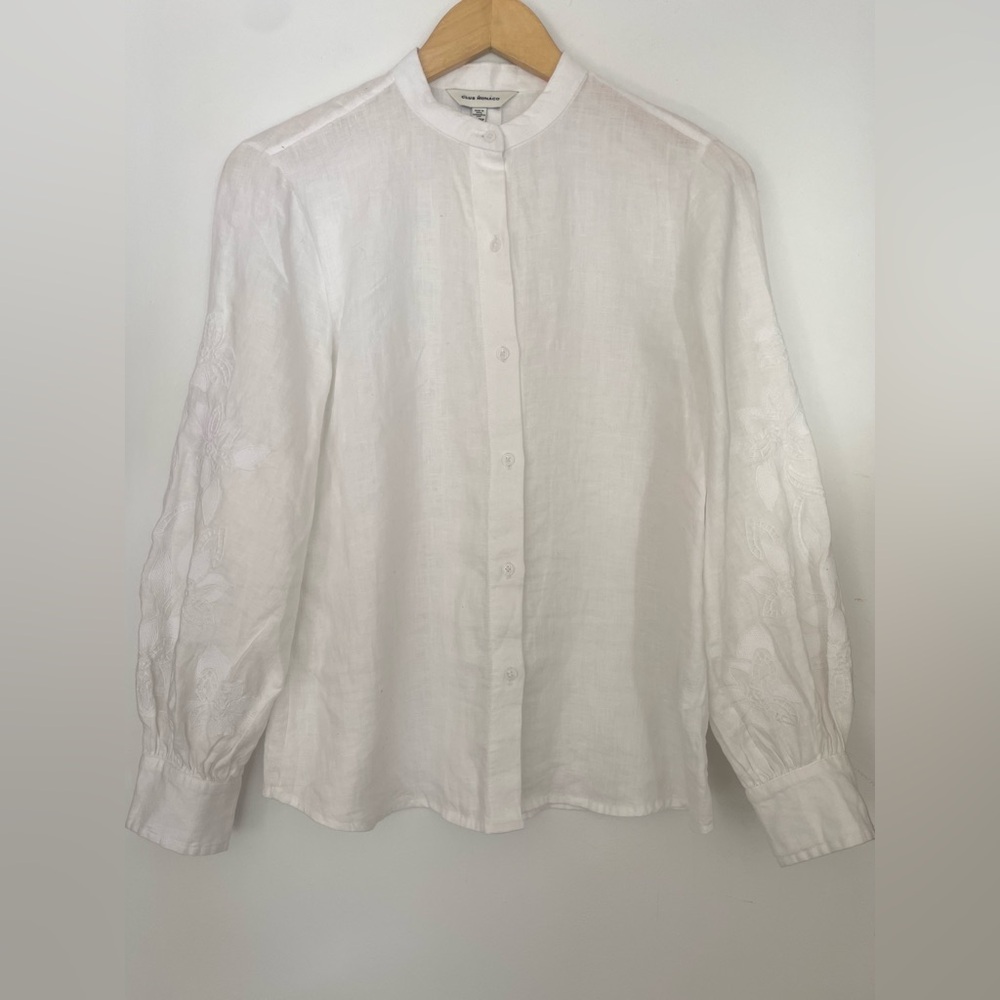 Club Monaco Linen Embroidered Blouson Sleeve Top XS White Minimalist Romantic - Picture 8 of 10